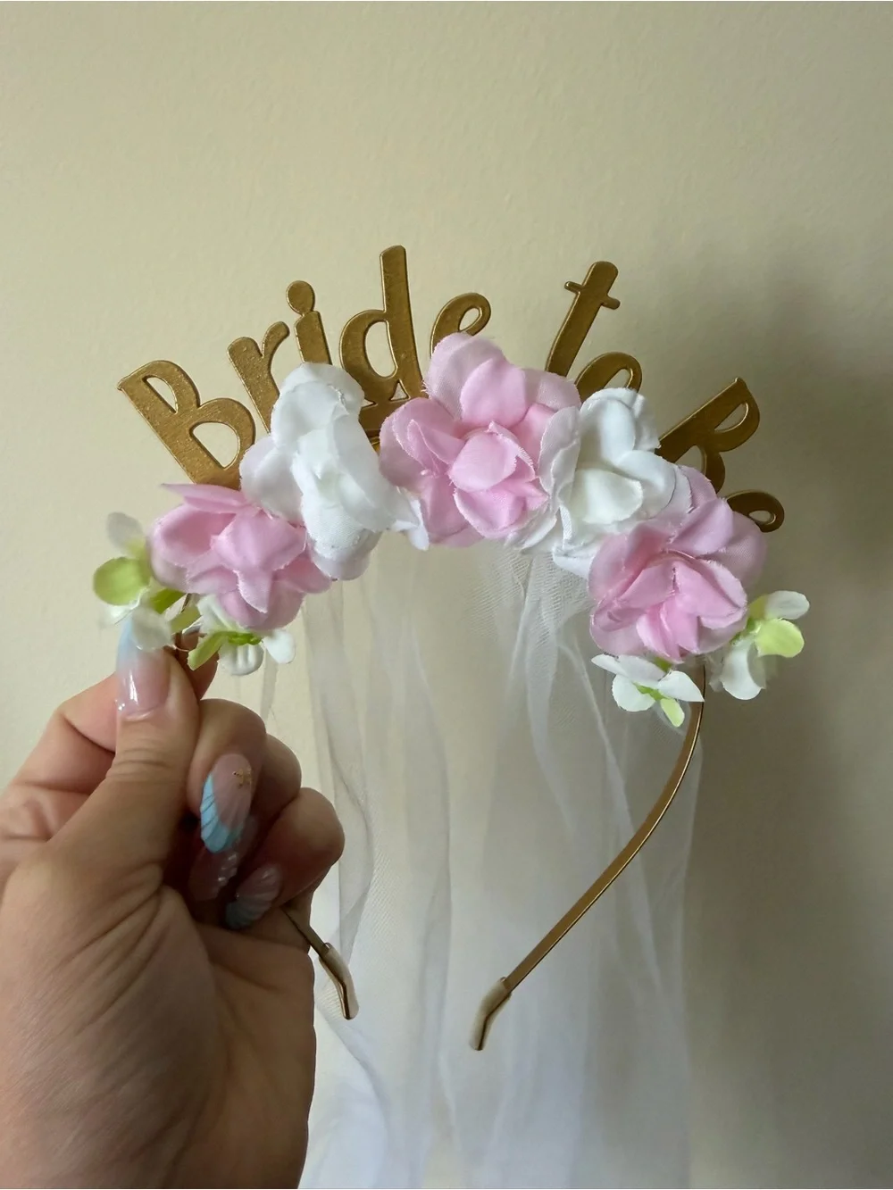 Bridal Floral Headband with Veil - Pink & White
